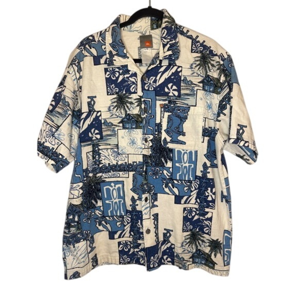 Quiksilver Vintage 90's Hawaiian Shirt Blue White Aloha Tropical‎ Vacation L